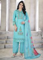 Roman Silk Sky Blue Festival Wear Hand Work Readymade Straight Suit